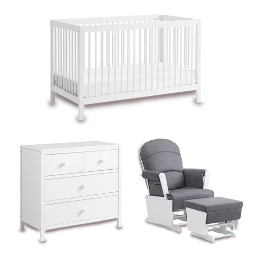 Oxford Baby Essential 3 Piece Nursery Set Includes 4 In 1 Convertible Island Crib, 3 Drawer Dresser, And Wooden Glider (White) & Reviews | Wayfair