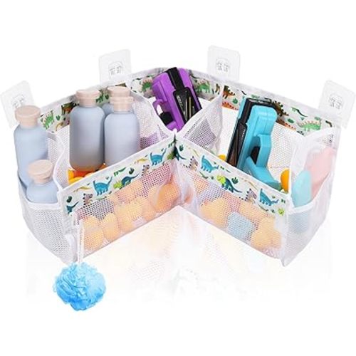 Bath Toy Storage Organizer, 3 Compartment Corner Bath Toy Holder for Tubs, Large Capacity & Quick-Drying Mesh - 4 Strong Adhesive Hooks for Easy Access