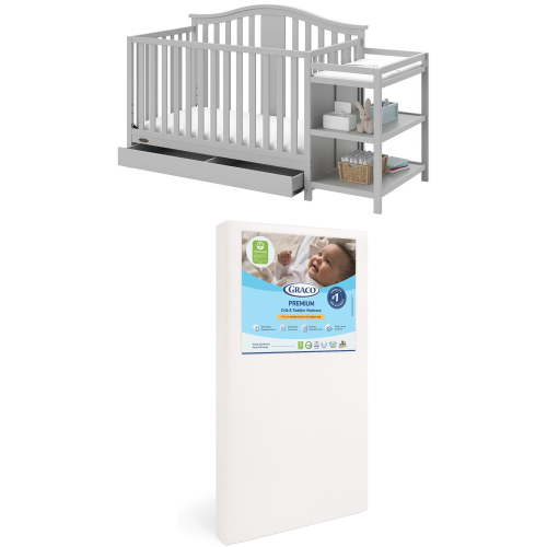 Graco Solano 4-in-1 Convertible Crib and Changer and Premium Crib & Toddler Mattress Bundle, Pebble Gray