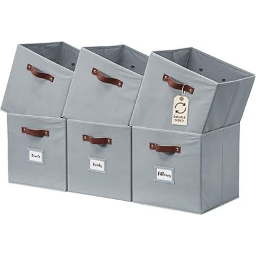 DECOMOMO Storage Bins, Cube Storage Bin with Labels, Fabric Storage Cubes for Shelves (10.5" x 11" / 6pcs, Grey)
