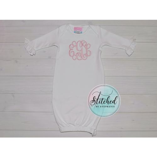 Baby girl ruffle gown white or light pink monogrammed with initials personalized embroidered newborn coming home hospital outfit shower gift