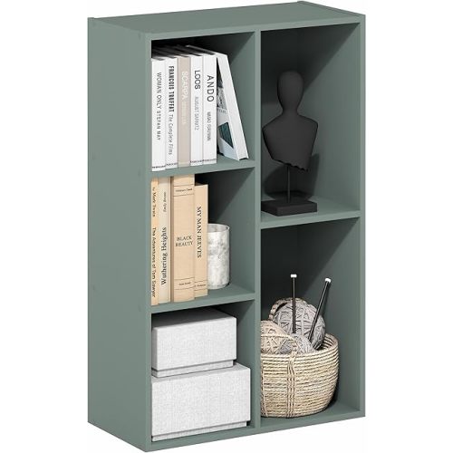 Furinno LUDER Book Shelf, 5-Cube Bookshelf, Reversible Bookcase, 9.4" x 19.5" x 31.5", for Living Room, Bedroom, Home Office, Sage Green