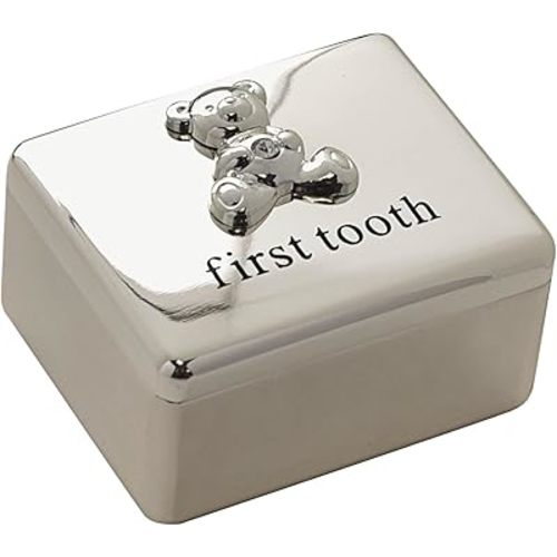 Happy Homewares Adorable Bambino Silver-Plated First Tooth Keepsake Box with Teddy Icon - Perfect for Keeping Memories Safe