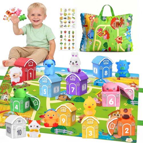 QIAHO Montessori Toddler Farm Toys 20Pcs with Playmat & Finger Puppets
