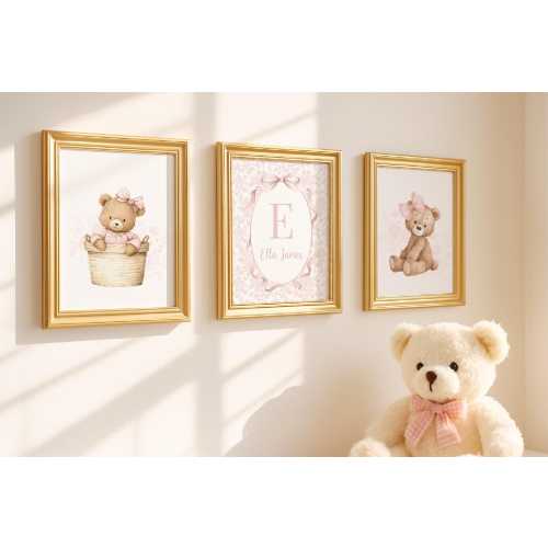 Coquette Bear Classic Nursery Wall Art,Girl Baby Room Decor, Set of 3 Prints Shipped, 302
