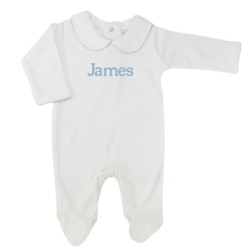 Baby Boys Coming Home Hospital Outfit White Blue Footed Onesie with Collar - Hiccups Children's Boutique