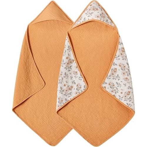 TILLYOU Muslin Hooded Baby Towels for Newborn 2 Pack, 32x32Inch Soft Baby Bath Towel Highly Absorbent for Newborn and Infant, Essential for Newborn Care, Yellow Flower
