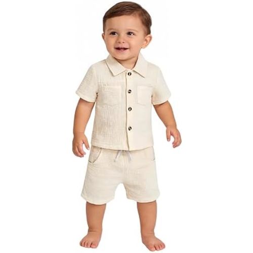 Baby Boy Outfits Infant Toddler Boys Short Sleeve Button-down Shirt +Pocket Shorts Clothes Pure Cotton Summer
