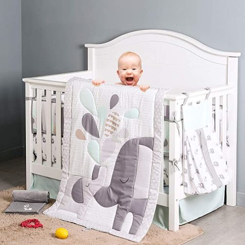 Brandream Playful Elephant Baby Boys and Girl Nursery Crib Bedding Sets with Bumpers 10 Pieces, Gray&Mint - 10 Pieces Bedding Set