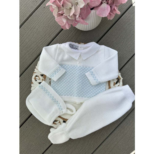 Two Button Down Dash Knit Pattern Baby Knitted Set in White and Sky Blue