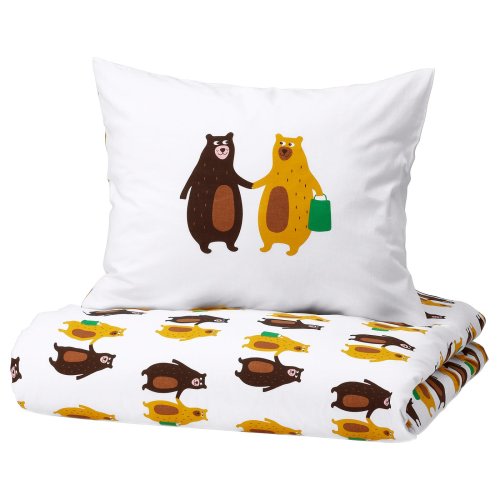 BRUMMIG Duvet cover and pillowcase - bear pattern yellow/brown Twin