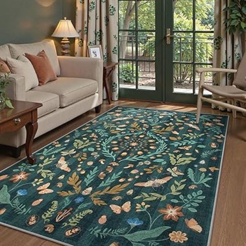 Lahome Washable Insect Botanical 5x7 Area Rugs for Nursery - Machine Washable Non-Slip Green Bedroom Rug, Boho Low Profile Soft Faux Wool Carpet for Living Room Laundry Playroom Dining Room