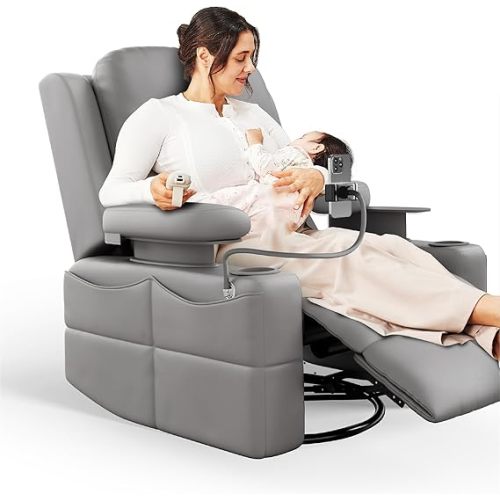 MAMAZING Lullapod Pro Oversized Rocking Chair Nursery with Adjustable Armrests, Electric Glider Nursing Chair for Breastfeeding, Power Swivel Recliner Chairs, Oeko-TEX & FSC Certified(Urban Gray)