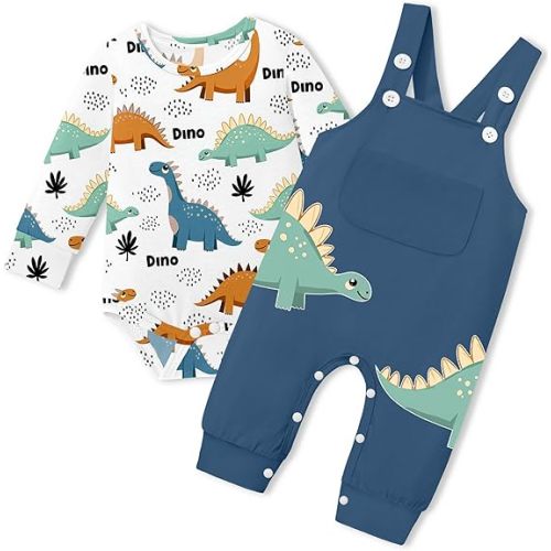 Baby Boy Clothes Infant Dinosaur Romper Overalls 2PCS Clothing Set
