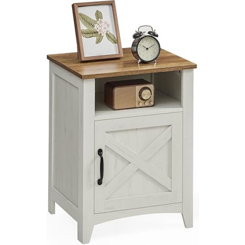 VASAGLE LIRY Collection - Farmhouse Nightstand with Barn Door, Bedside Table with Storage, Side End Table, Night Stand, Open Compartment, for Bedroom, Rustic White and Honey Brown ULET609K41