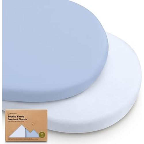 2-Pack Organic Bassinet Sheets for Girls, Boys - 100% Cotton Bassinet Mattress Sheets Compatible with Halo Bassinest Swivel Sleeper, Graco, Baby Delight, Chicco, Fitted Bassinet Sheets (Blue Flax)