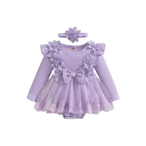 Hirigin Newborn Baby Girl Lace Romper Dress Long Sleeve Ruffle Mesh Tutu Dress 0 3 6 12 18 Months Cute Jumpsuits with Headband