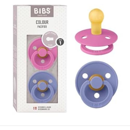 BIBS Pacifiers Colour Collection | Natural Rubber Baby Pacifier | Set of 2 BPA-Free Soothers | Made in Denmark | 0+ Months (Pack of 2) | Bubblegum/Peri