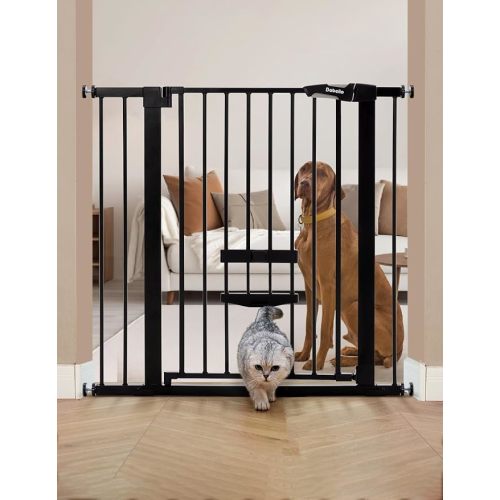 Babelio New Version Baby Gate with Cat Door Adjustable, 29-40" Metal Pet Door for Stairs & Doorways, Pressure Mounted, No Tools Needed, Black