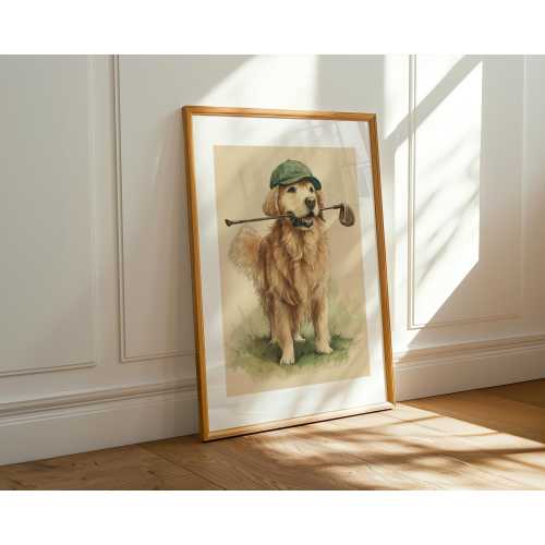 Golden Retriever Golf Wall Art: Vintage Golf Poster, Dog Art Print