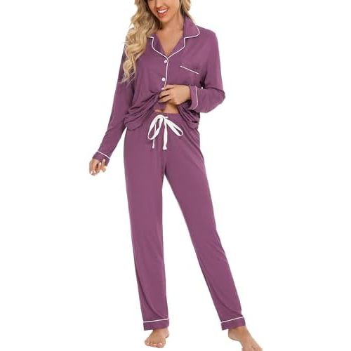 Leikar Button Up Pajama Set For Women Long Sleeve Shirt And Pajama Pants Soft Pjs Lounge Sets