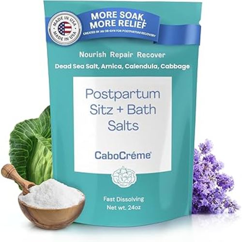 CaboCréme Postpartum Sitz + Bath Salts – 24oz – Postpartum Bath Soak for Perineal Care, Healing Tears, Swelling & Hemorrhoids – Dead Sea Salt with Magnesium, Arnica, Calendula + Cabbage Extract