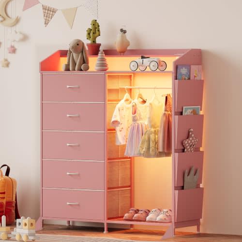 LUMTOK Dresser with Hanging Rack,5 Fabric Drawers & Side Pocket for Bedroom | 2 in 1 Pink 5 Drawers Dresser with LED&Charging station, Dresser with Clothes Rack for Bedroom,Living Room,Entryway,Closets