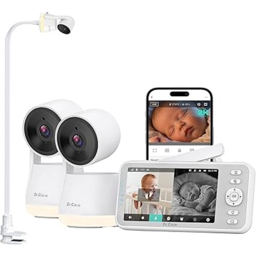 Dr.Care Smart WiFi Baby Monitor with 2 Cameras ＆Clip Mount - 5" 1080P FHD & 2K Camera App Control, Privacy Mode, 5000mAh Removable Battery, Cry & Motion Alerts, HD Night Vision, Multi-User