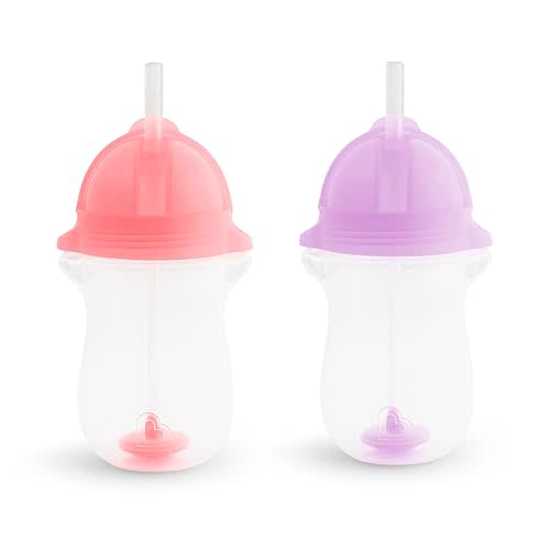 Munchkin Any Angle Weighted Toddler Straw Cups with Click Lock Lid, 10 Ounce, 2 Pack, Pink/Purple