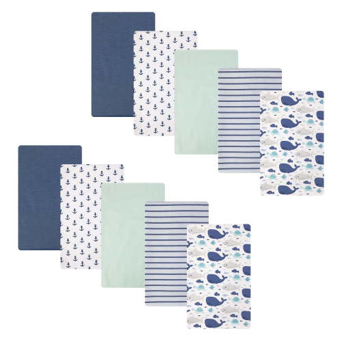 Hudson Baby Unisex Baby Cotton Poly Flannel Burp Cloths, Sea Friends 10-Pack, One Size