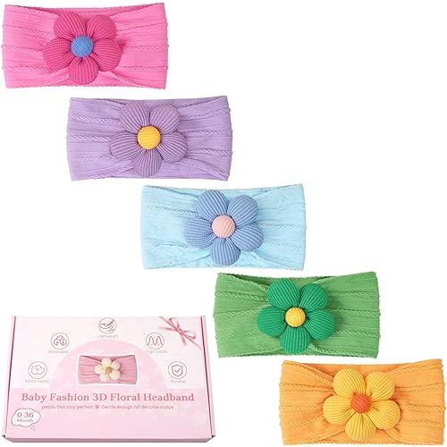 5 Pcs Baby Flower Headbands Baby Girls Nylon Headbands Soft Hairbands Hair Accessories for Newborn Infant Toddler Kids(Spring Summer Vibe)