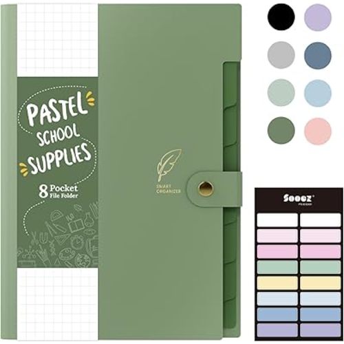 Sooez Aesthetic 8 Pocket Accordion File Organizer, Pastels Expanding File Folder for Important Document with Labels, Portable Receipt Bill Organizer for Office School Supplies, Letter Size Olive Green
