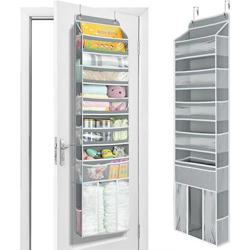 Yecaye 6-Tier Over the Door Organizer with Detachable Bin, Door Hanging Organizer with Clear Windows, Over the Door Storage for Bedroom Closet Nursery Bathroom Pantry Baby Essentials, Grey