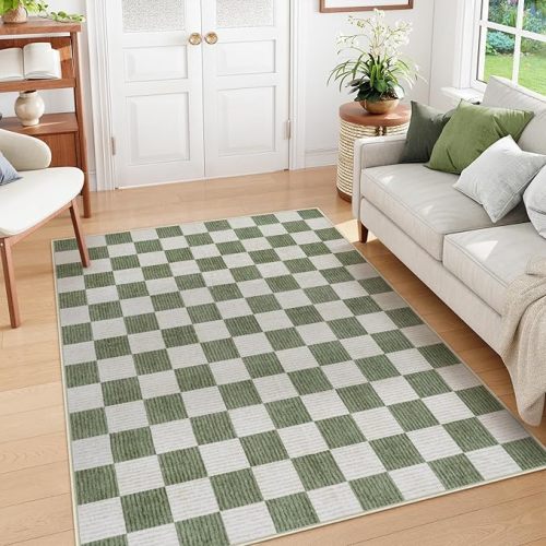 Machine Washable 5x7 Area Rugs for Living Room Checkered, Non Slip Soft Low Pile Farmhouse Geometric Modern Neutral Playroom Boys Rugs for Bedroom, Large Carpet Rugs for Dining Room(Sage Green,5'x7')