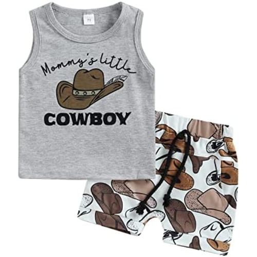 Western Toddler Baby Boys Sleeveless Clothes MaMa'S Little Cow Boy Tank Tops Drawstring Shorts 2Pcs Summer Outfits