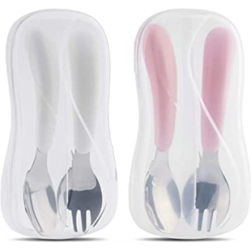 Kirecoo 2 Set Toddler Utensils, Toddler Forks and Spoons, Stainless Steel Toddler Silverware Set, Designed for Self Feeding Flatware Set with Travel Carrying Cases BPA Free (White & Pink)