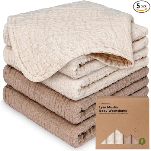 5pk Muslin Baby Washcloths for Newborn, 12x12 Soft Absorbent (Ecru) | Organic Cotton Muslin Wash Cloths for Babies Girl, Boy, Infant, Toddlers, Kids Face Towel,Bath Essentials,Baby Burp Rags
