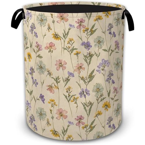 Vintage Pastel Wildflower Collapsible Laundry Hamper for Bedroom, Freestanding Oxford Clothes Basket, Large Foldable Storage Bin with Easy-Carry Handles for Bathroom Dorm Laundry Room