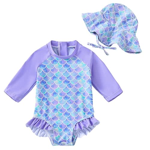 WOLBAY Baby Girl Swimsuit Long Sleeve One Piece Rash Guard with Sun Hat Zipper Bathing Suit Size 0-2T