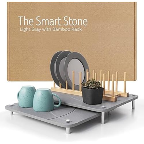 Nested Dish Drying Stone Mat with Bamboo Rack | 2 Pcs Diatomaceous Earth Stone Drying Mats for Kitchen Counter with Non-Slip Feet | Collapsible Large Drying Stone for Dishes (Light Gray)