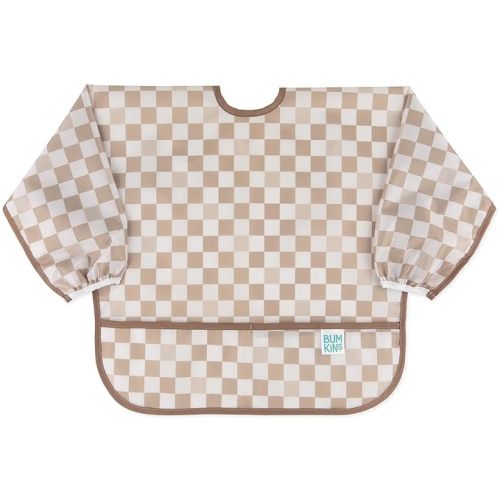 Bumkins Sleeved Bib for Girl or Boy, Baby and Toddler for 6-24 Mos, Essential Must Have for Eating, Feeding, Baby Led Weaning Supplies, Long Sleeve Mess Saving Food Catcher, Soft Fabric, Beige Check