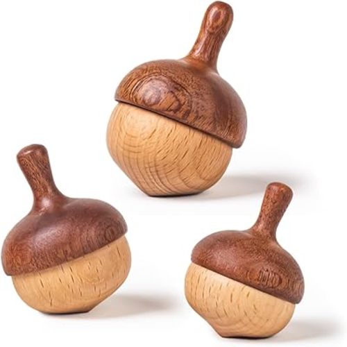 Wooden Spinning Tops Acorn Toy | 3 Pcs Wood Tops Made from Sapele and Beech Hardwood with Cotton Drawstring Storage Bag | Smooth & Safe for Toddlers Skill Play and Travel, Gift-Ready