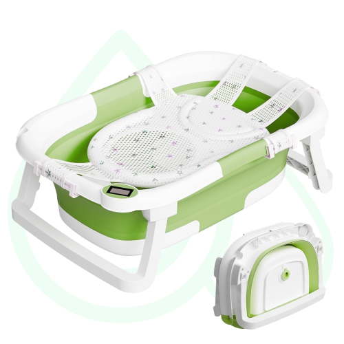 Aprpink Foldable Baby Bathtub PP+TPE with Soft Bath Net&Thermometer for 0-36 Months Toddler Green