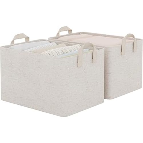 StorageWorks Storage Bins, Shelves Baskets for Organizing, Large Fabric Closet Organizers with Handles, Metal Frame, Beige-Cotton-linen, 2-Pack