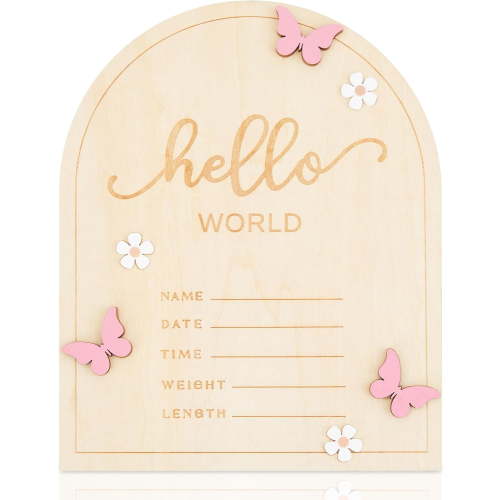 Wooden Hello World Newborn Sign – 5.9” Baby Birth Announcement Board with Star, Moon & Cloud Design – Welcome Name Sign Keepsake for Hospital Photos, Nursery Decor & Photo Prop