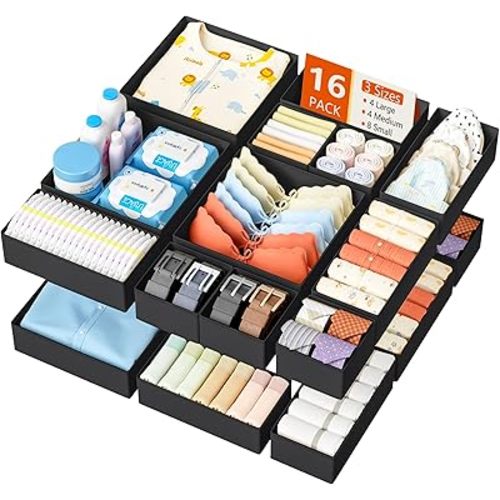 DIMJ Drawer Organizer Clothes - 16 Pack Baby Dresser Organizer for Nursery, Foldable Drawer Organizer Bins for Closet Bedroom Organization, Fabric Clothes Storage Dividers for Underwears, Socks, Bras