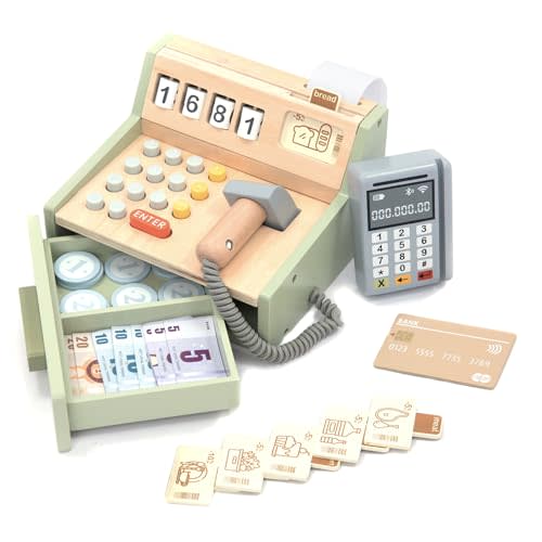 UMU Wooden Cash Register for Kids - Includes Accessories (Scanner, Payment Terminal, Play Money, etc.), Role Play Shop & Accessories for Children Ages 3 4 5 6