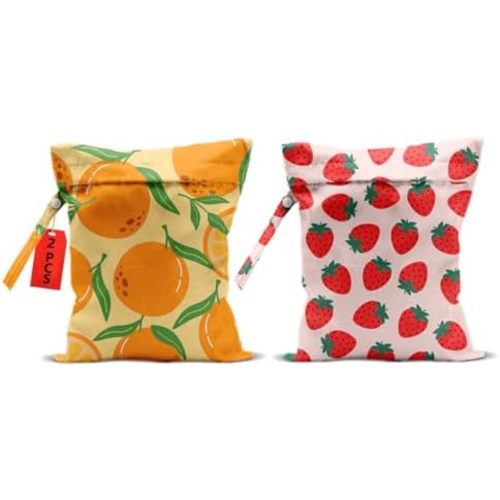 2Pcs Fruits Wet Bags 12x10 Inch, Strawberry Orange Waterproof Travel Laundry Bags, Reusable Wet Dry Bag for Swimsuit Beach Diapers Dirty Yoga Gym Clothes, Travel Gifts for Women Friend Travelers