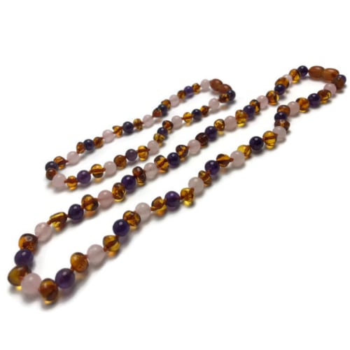 Baltic Amber Teething Necklace Cognac Pink Amethyst Rose