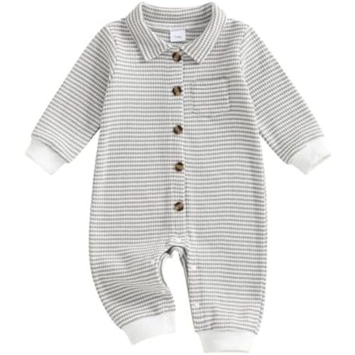 Baby Boy Stripe Romper Waffle Knit Long Sleeve Lapel Button Down Jumpsuit Bodysuit Newborn Fall Winter Outfits